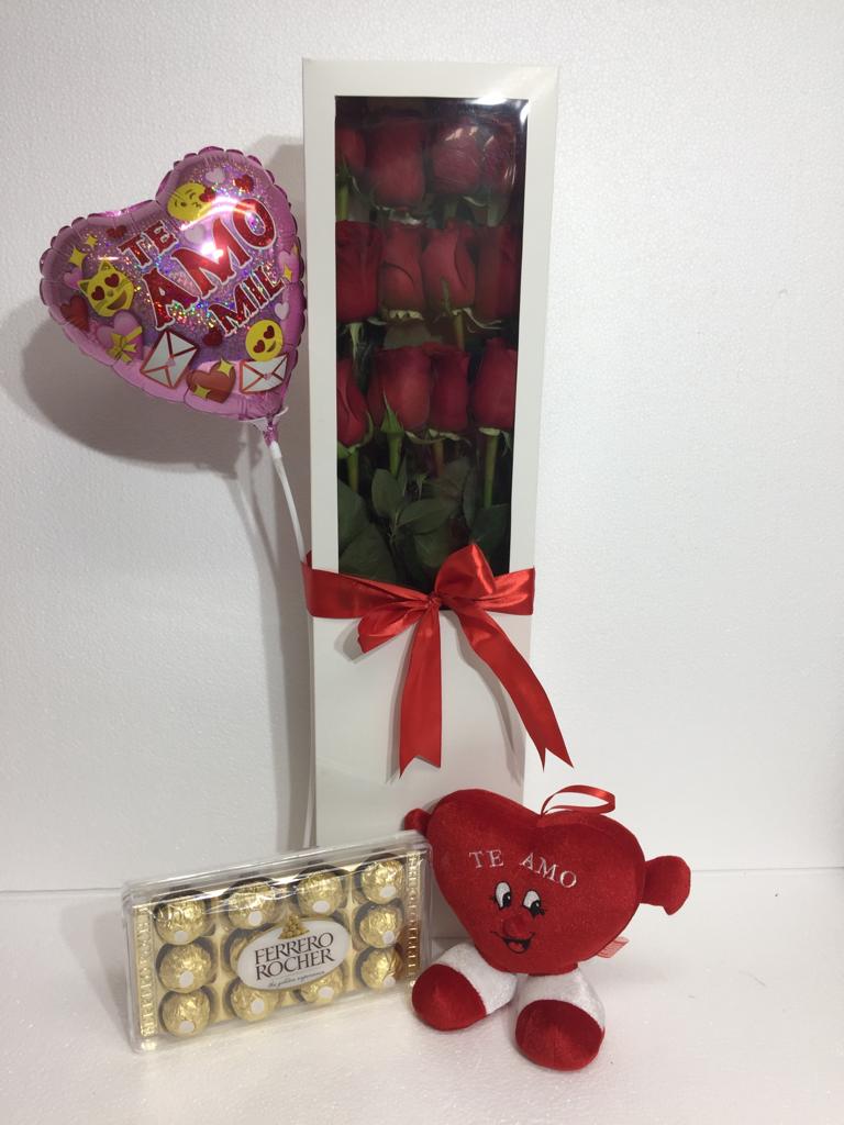 Caja con 12 Rosas ms Bombones Ferrero Rocher de 150, Peluche Corazn y Globito